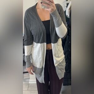 Grey and white striped cardigan. Size medium